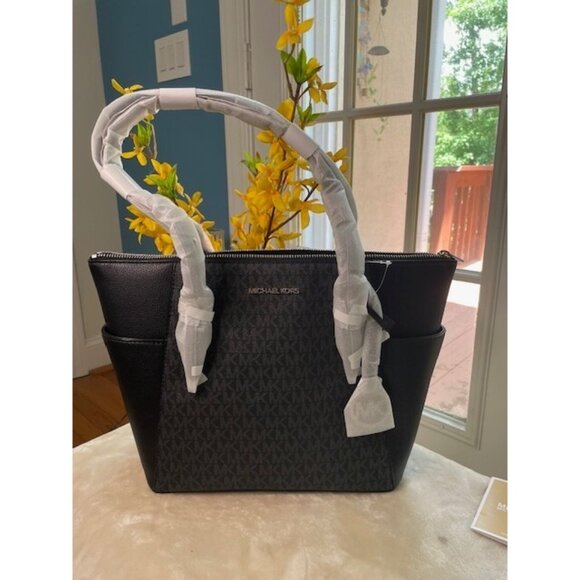 NWT Michael Kors Charlotte Black Leather Tote - Silver Hardware - Picture 2 of 12